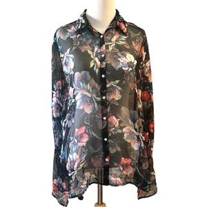 BLUHEAVEN LONG SLEEVE SHEER FLORAL PRINT BUTTON DOWN BLOUSE BLACK MULTI SIZE M